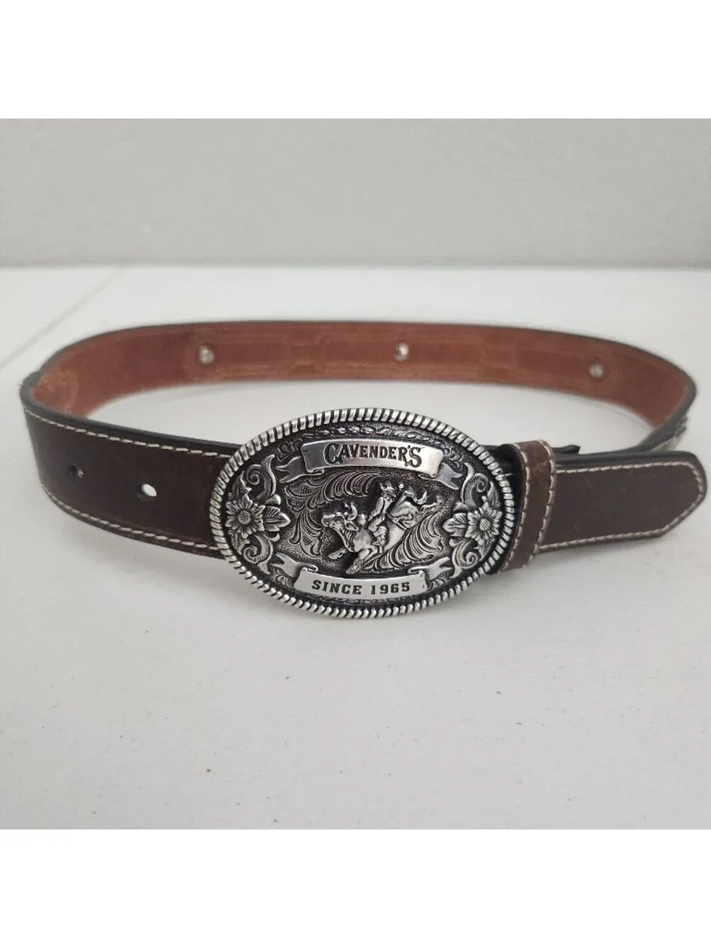 Cavenders Brown Leather Belt With Western Buckle & Detailing - Rodeo Style Pre-O